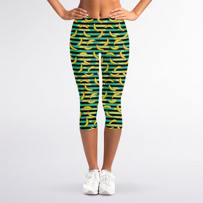 Teal Striped Banana Pattern Print Women's Capri Leggings