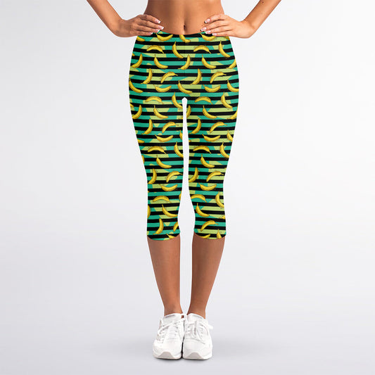 Teal Striped Banana Pattern Print Women's Capri Leggings