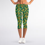 Teal Striped Banana Pattern Print Women's Capri Leggings