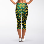 Teal Striped Banana Pattern Print Women's Capri Leggings
