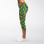 Teal Striped Banana Pattern Print Women's Capri Leggings