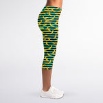 Teal Striped Banana Pattern Print Women's Capri Leggings