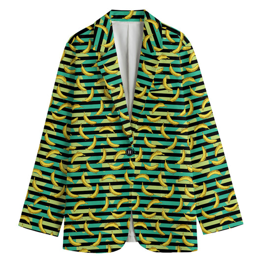 Teal Striped Banana Pattern Print Women's Cotton Blazer