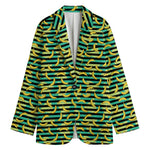Teal Striped Banana Pattern Print Women's Cotton Blazer