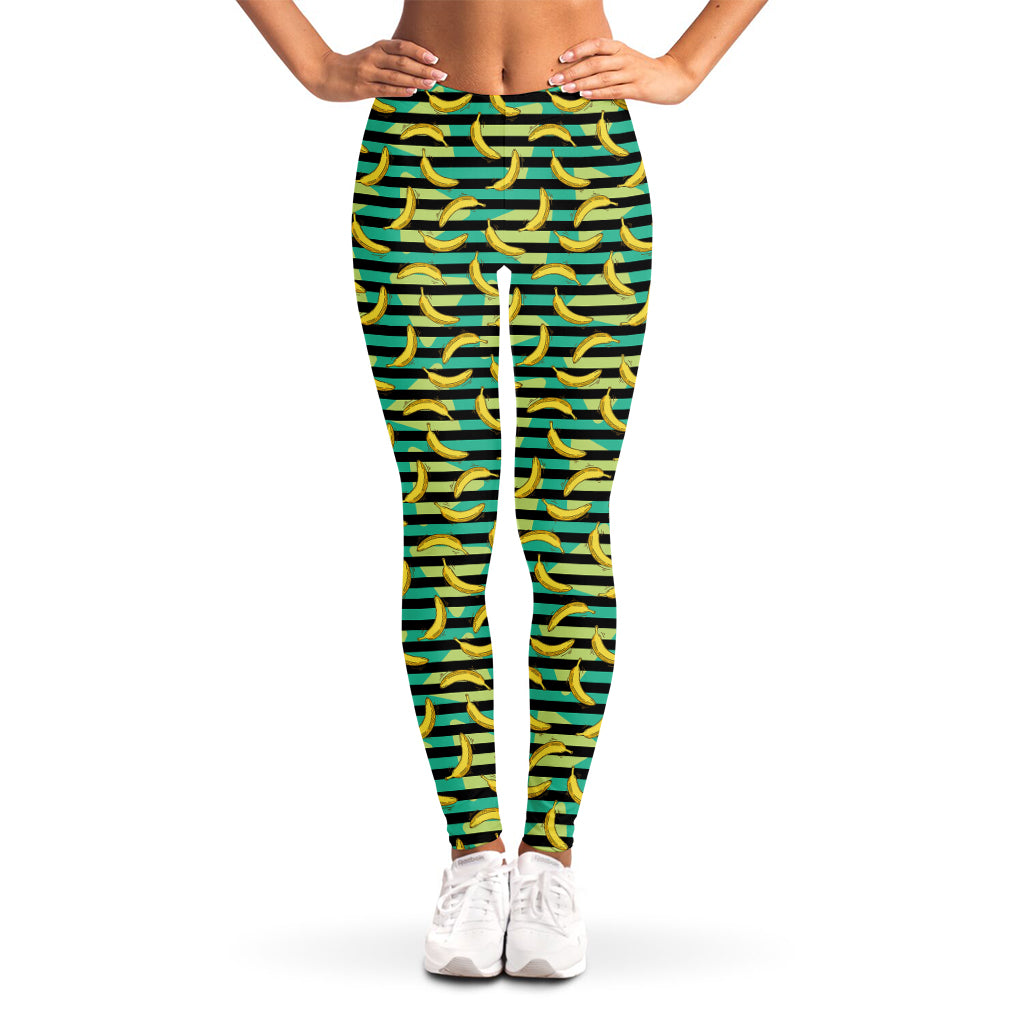 Teal Striped Banana Pattern Print Women's Leggings