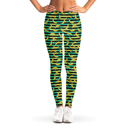 Teal Striped Banana Pattern Print Women's Leggings