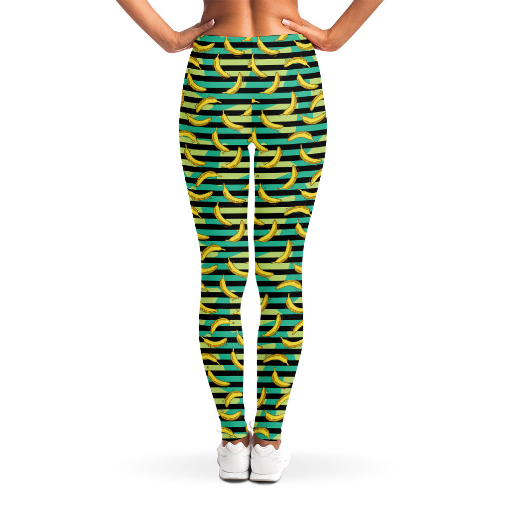 Teal Striped Banana Pattern Print Women's Leggings
