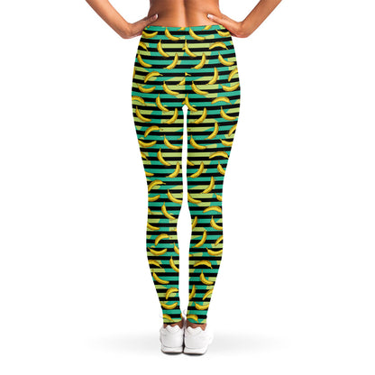 Teal Striped Banana Pattern Print Women's Leggings