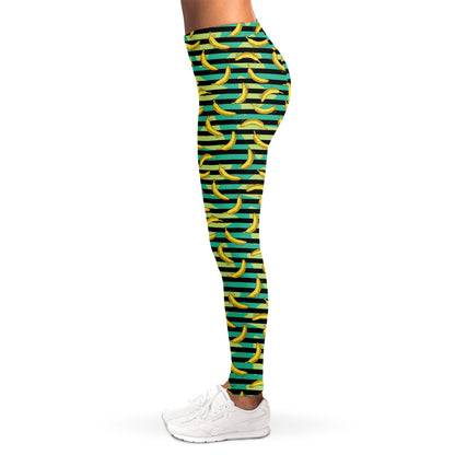 Teal Striped Banana Pattern Print Women's Leggings