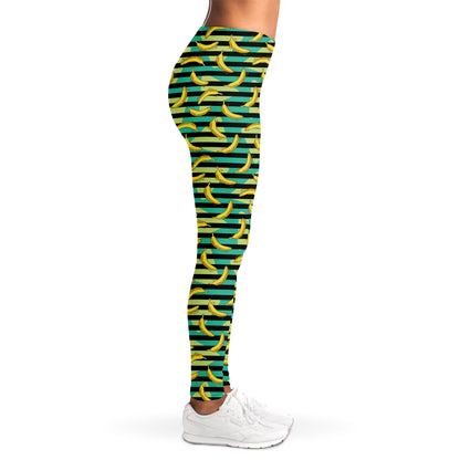 Teal Striped Banana Pattern Print Women's Leggings