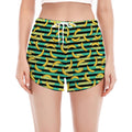 Teal Striped Banana Pattern Print Women's Split Running Shorts