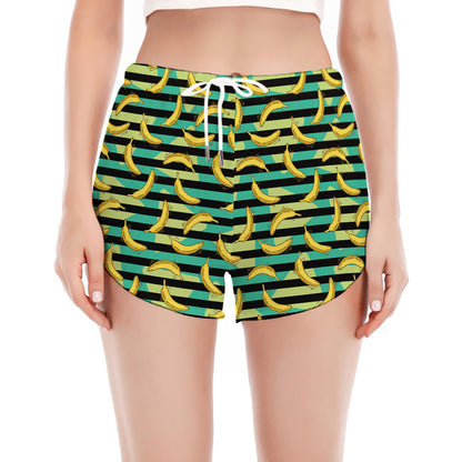 Teal Striped Banana Pattern Print Women's Split Running Shorts