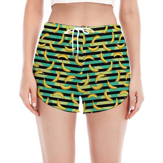 Teal Striped Banana Pattern Print Women's Split Running Shorts