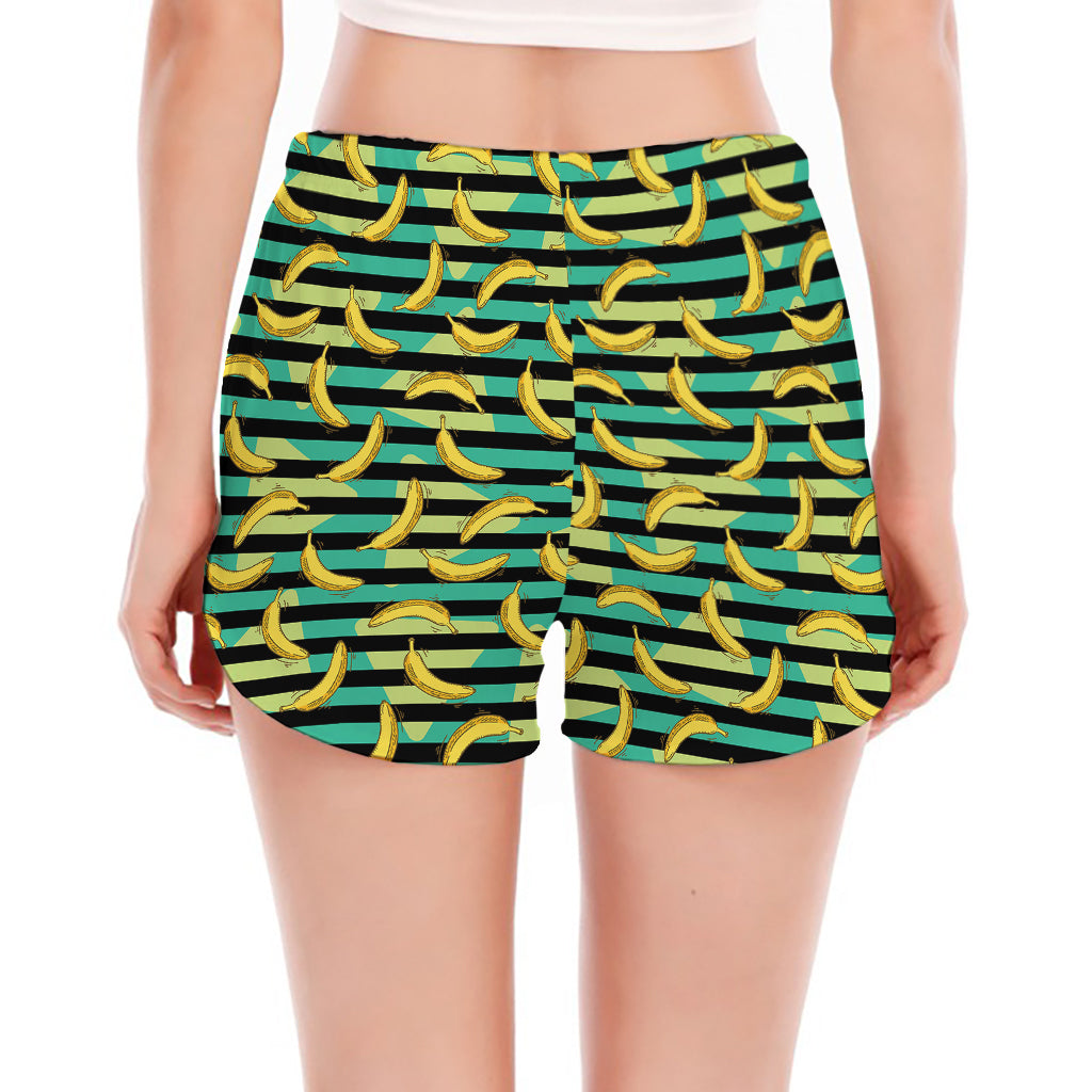 Teal Striped Banana Pattern Print Women's Split Running Shorts
