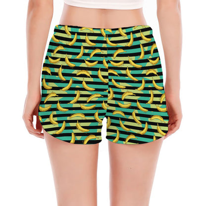 Teal Striped Banana Pattern Print Women's Split Running Shorts