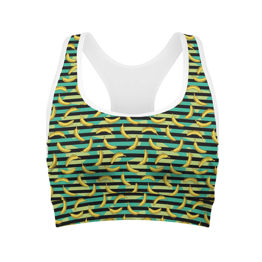 Teal Striped Banana Pattern Print Women's Sports Bra