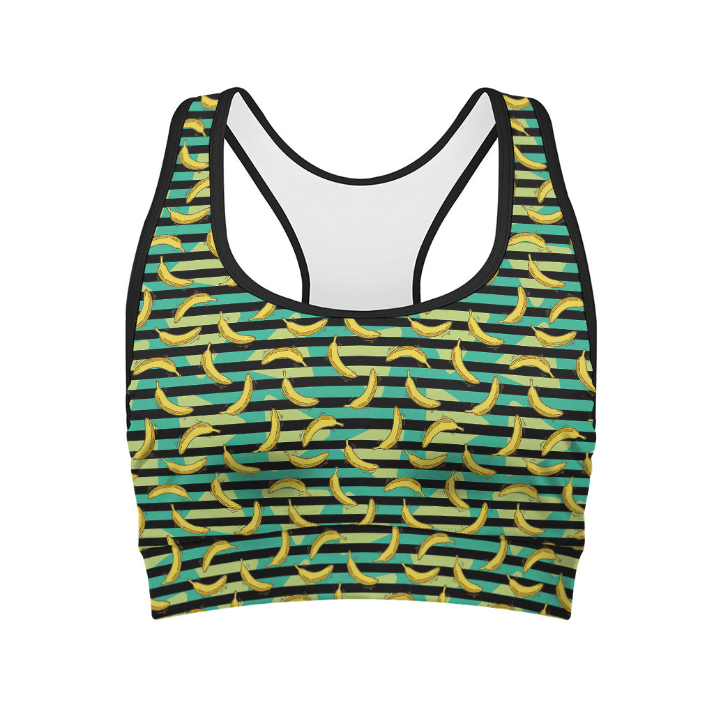Teal Striped Banana Pattern Print Women's Sports Bra