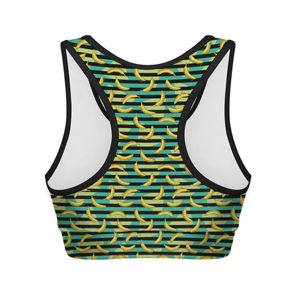 Teal Striped Banana Pattern Print Women's Sports Bra