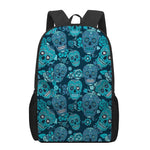 Teal Sugar Skull Flower Pattern Print 17 Inch Backpack