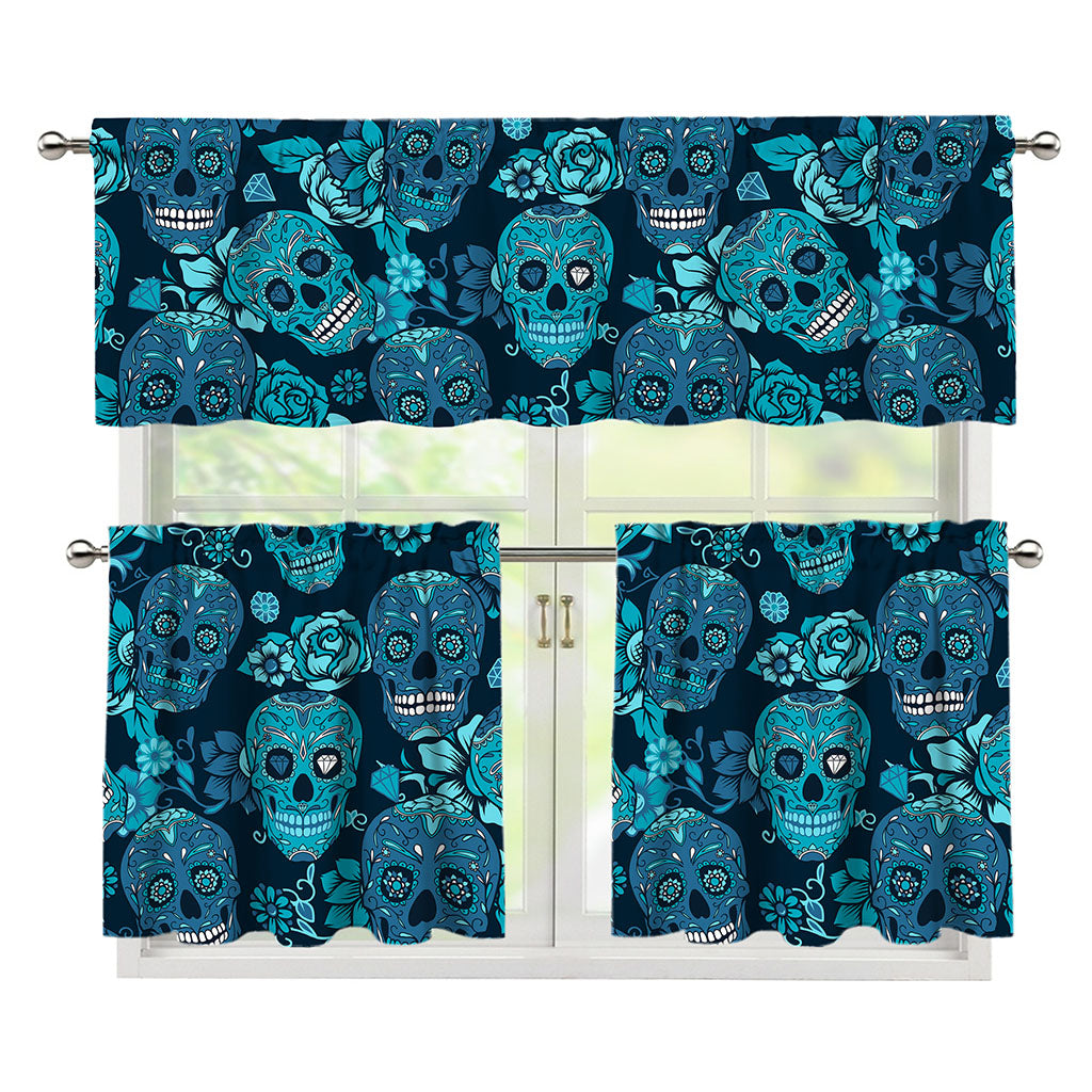 Teal Sugar Skull Flower Pattern Print 3 Piece Kitchen Curtains