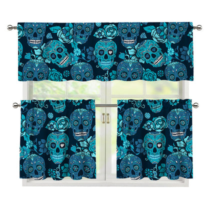 Teal Sugar Skull Flower Pattern Print 3 Piece Kitchen Curtains