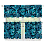 Teal Sugar Skull Flower Pattern Print 3 Piece Kitchen Curtains