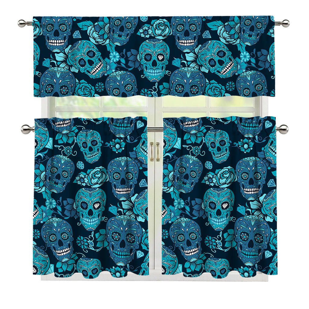 Teal Sugar Skull Flower Pattern Print 3 Piece Kitchen Curtains