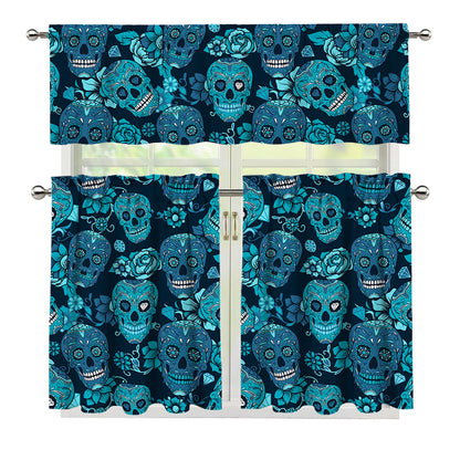 Teal Sugar Skull Flower Pattern Print 3 Piece Kitchen Curtains