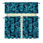 Teal Sugar Skull Flower Pattern Print 3 Piece Kitchen Curtains