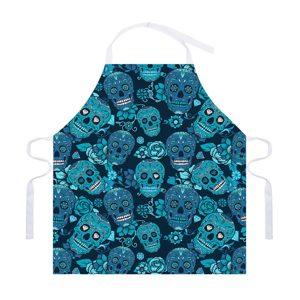 Teal Sugar Skull Flower Pattern Print Adjustable Apron