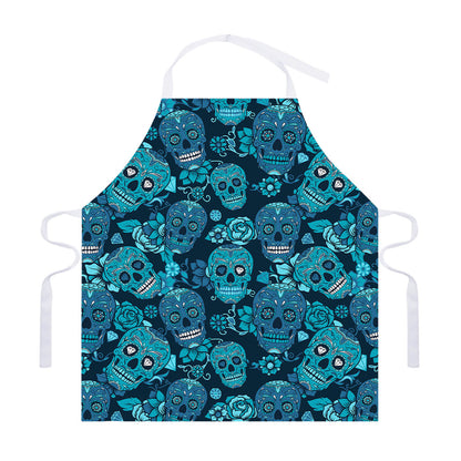 Teal Sugar Skull Flower Pattern Print Adjustable Apron