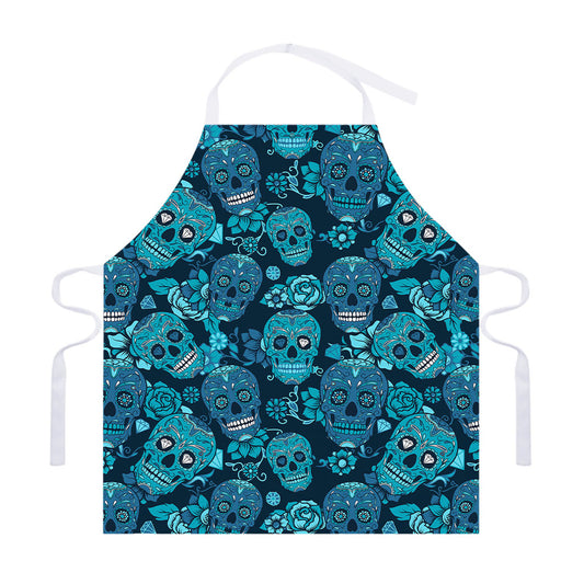 Teal Sugar Skull Flower Pattern Print Adjustable Apron