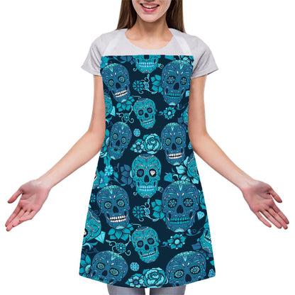 Teal Sugar Skull Flower Pattern Print Adjustable Apron
