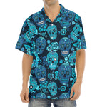 Teal Sugar Skull Flower Pattern Print Aloha Shirt