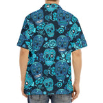 Teal Sugar Skull Flower Pattern Print Aloha Shirt