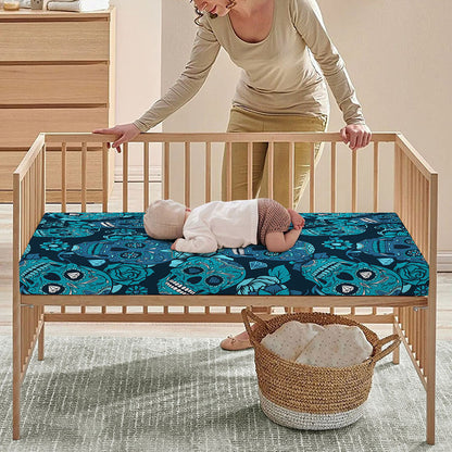 Teal Sugar Skull Flower Pattern Print Baby Crib Sheet