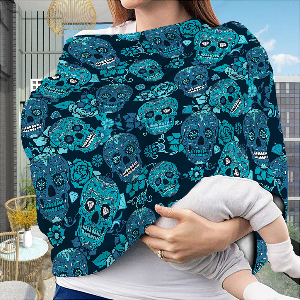 Teal Sugar Skull Flower Pattern Print Baby Seat Cover