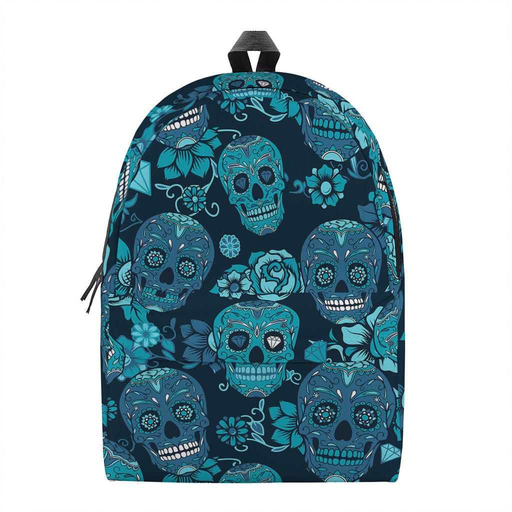 Teal Sugar Skull Flower Pattern Print Backpack