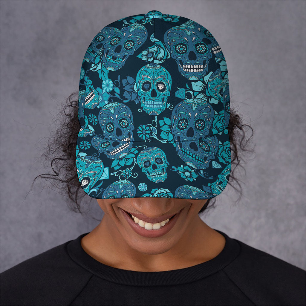 Teal Sugar Skull Flower Pattern Print Baseball Cap