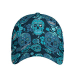 Teal Sugar Skull Flower Pattern Print Baseball Cap