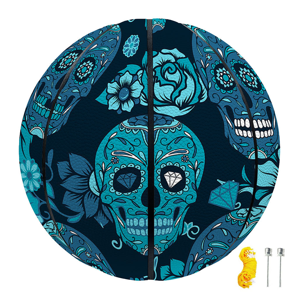 Teal Sugar Skull Flower Pattern Print Basketball