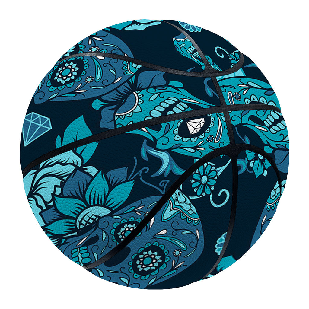 Teal Sugar Skull Flower Pattern Print Basketball