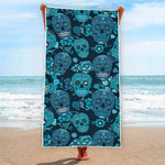 Teal Sugar Skull Flower Pattern Print Beach Towel