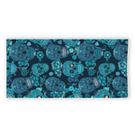 Teal Sugar Skull Flower Pattern Print Beach Towel