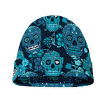 Teal Sugar Skull Flower Pattern Print Beanie