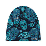 Teal Sugar Skull Flower Pattern Print Beanie