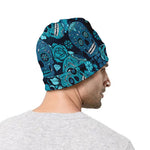 Teal Sugar Skull Flower Pattern Print Beanie