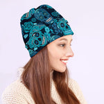 Teal Sugar Skull Flower Pattern Print Beanie