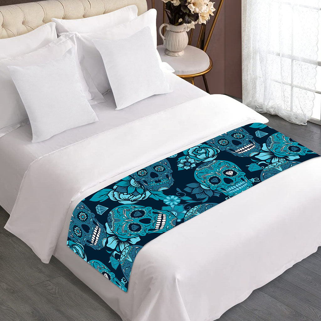 Teal Sugar Skull Flower Pattern Print Bed Runner