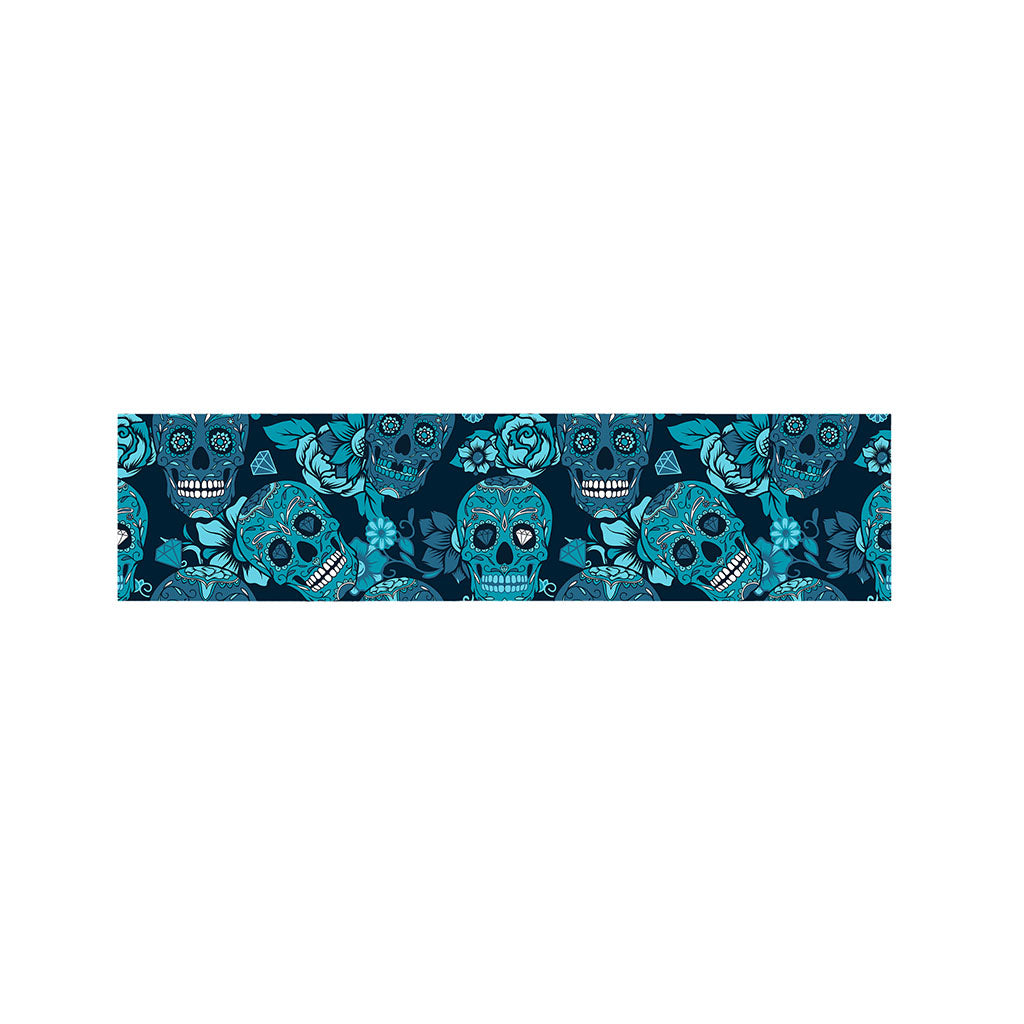 Teal Sugar Skull Flower Pattern Print Bed Runner